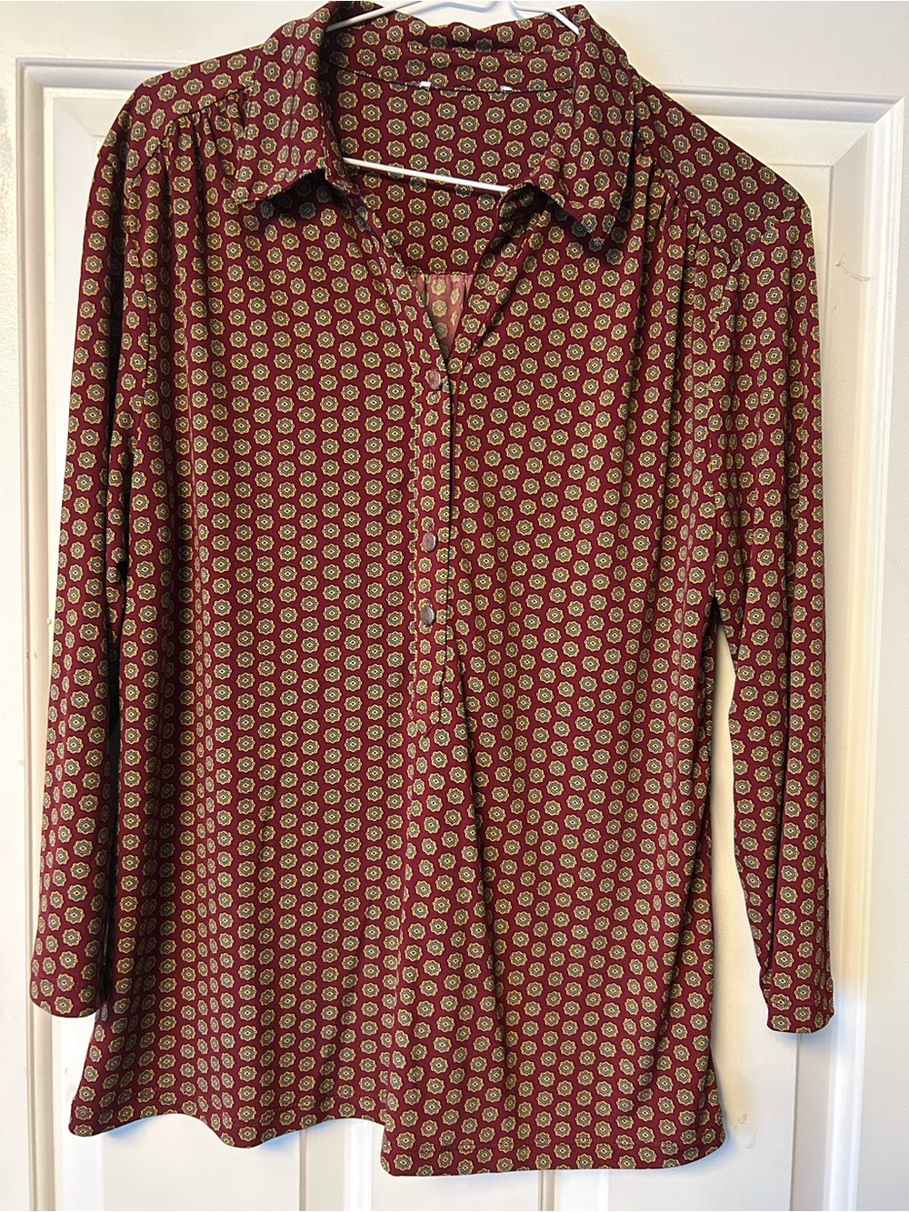 Boho Burgundy Printed Button-Front Blouse